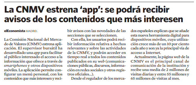 La CNMV estrena ‘app’: se podrá recibir avisos de los contenidos que más interesen