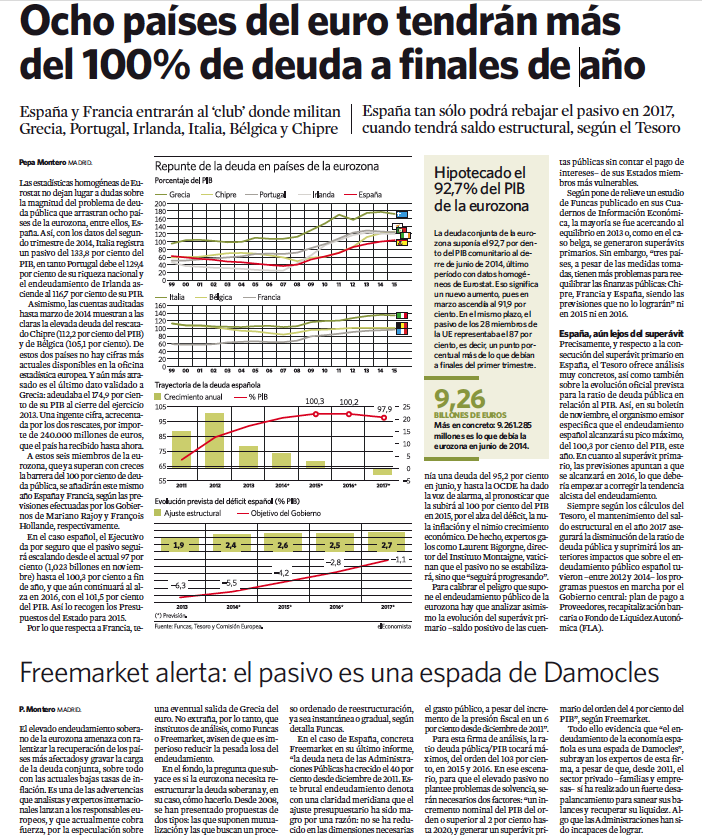 Ocho países del euro tendrán más del 100% de deuda a finales de año