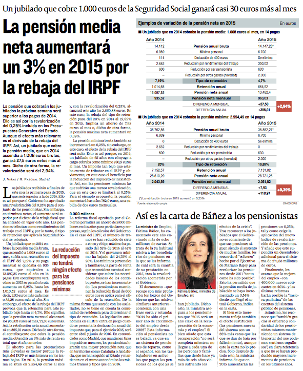 ?La pensión media neta aumentará un 3% en 2015 por la rebaja del IRPF